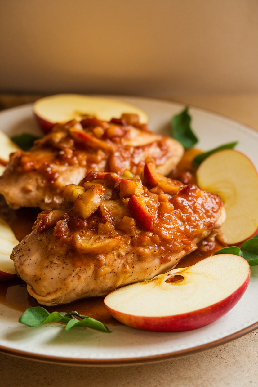 Indoor photo of chicken breasts simmered in apple cider garlic sauce with apple slices, plated autumn-style; warm dining light, no text or logos