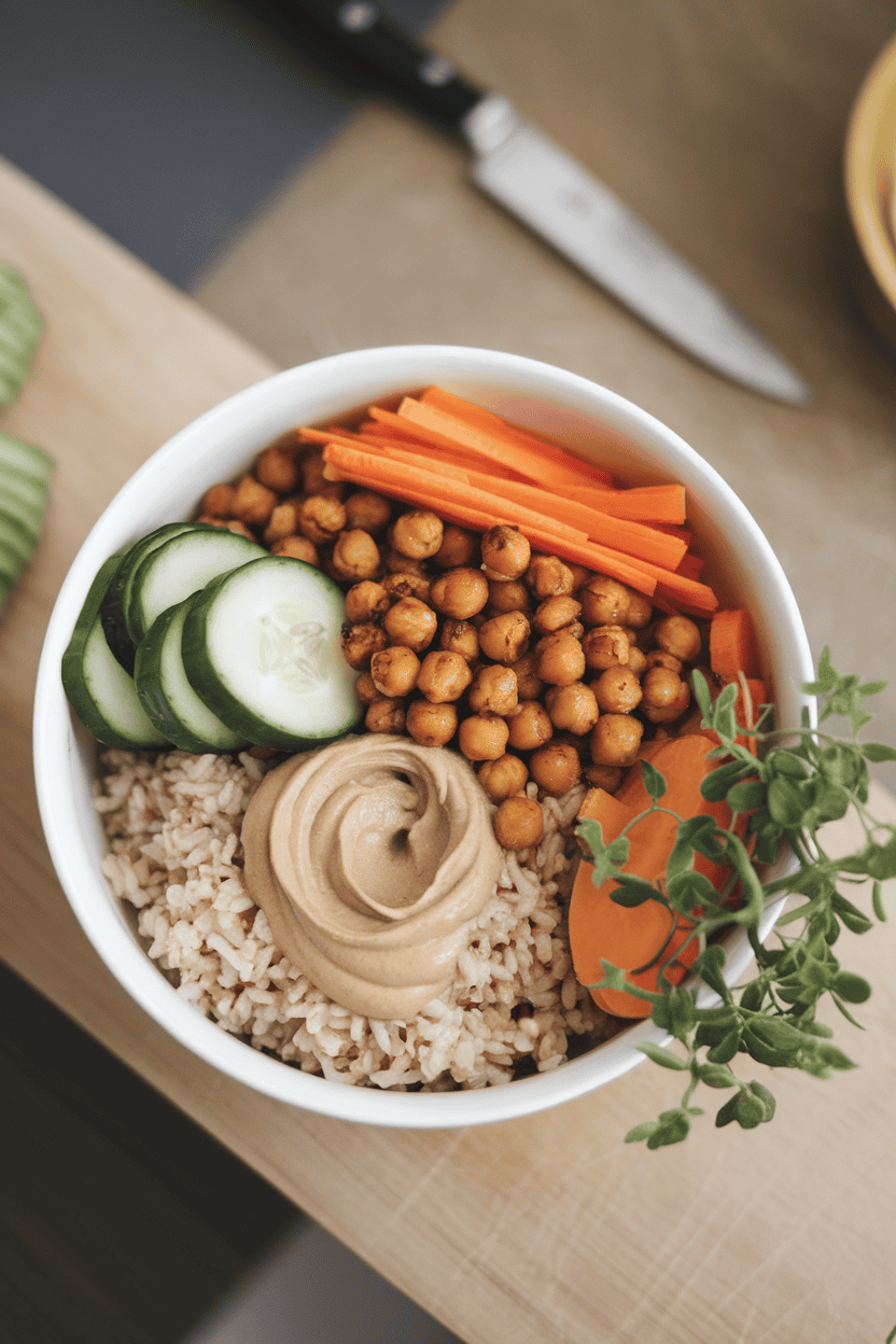 Indoor overhead photo of a bowl containing brown rice, roasted chickpeas, sliced cucumbers, carrots, and a swirl of tahini sauce. No logos.