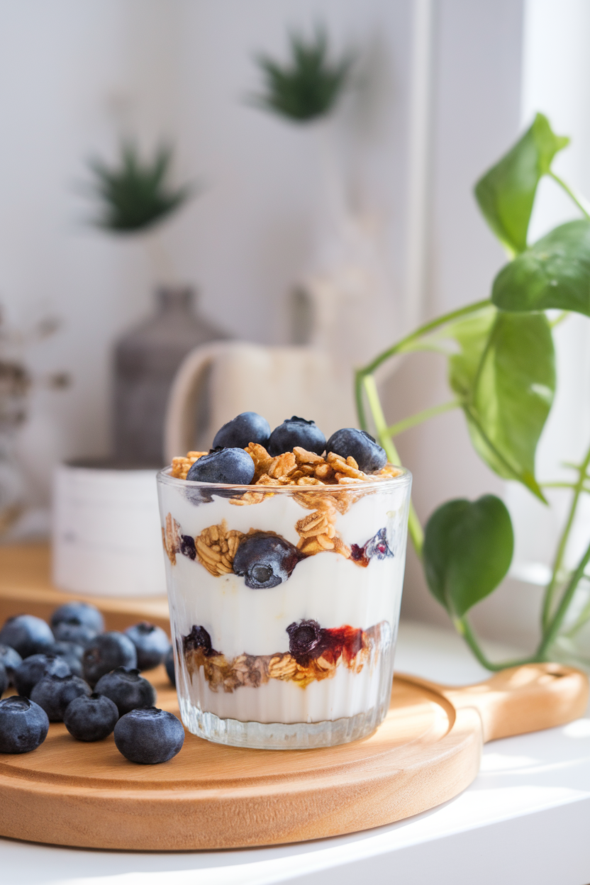 A brightly lit indoor breakfast nook showing a clear glass filled with layers of thick Greek yogurt, fresh blueberries, crunchy granola, and a drizzle of honey. No text or logos; photo only.