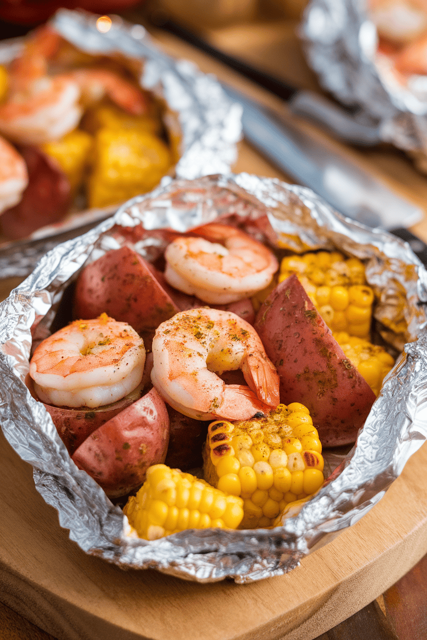Indoor foil packet opened to reveal shrimp, red potatoes, and corn pieces dusted with Old Bay seasoning. No logos or text. Photo only.
