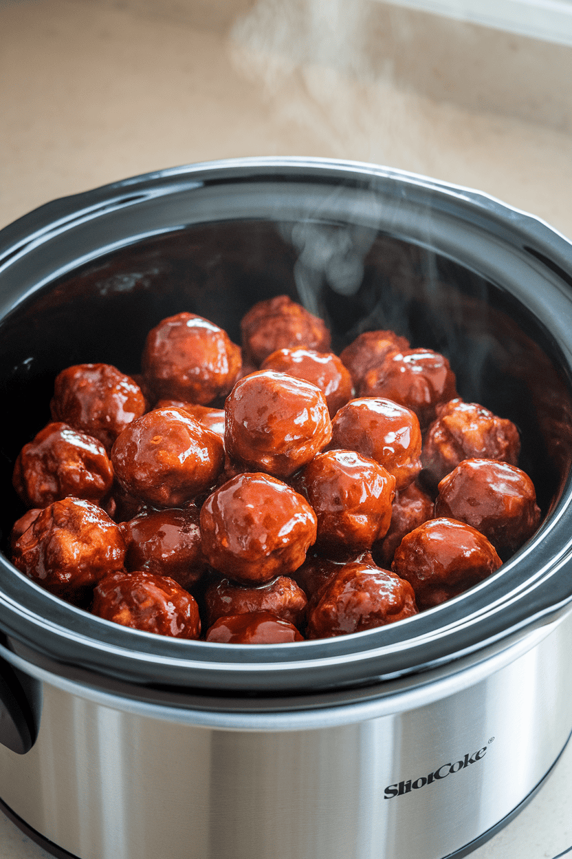 Photo of a slow-cooker insert filled with glazed barbecue meatballs, steam rising softly, set on an indoor countertop. No logos or text visible.