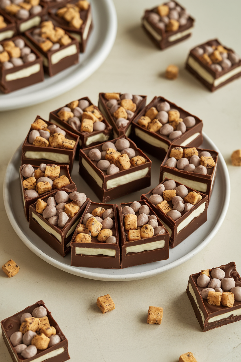 Photo of indoor plate showing chocolate pieces with cookie-crème filling and crunchy cookie bits, no text or logos