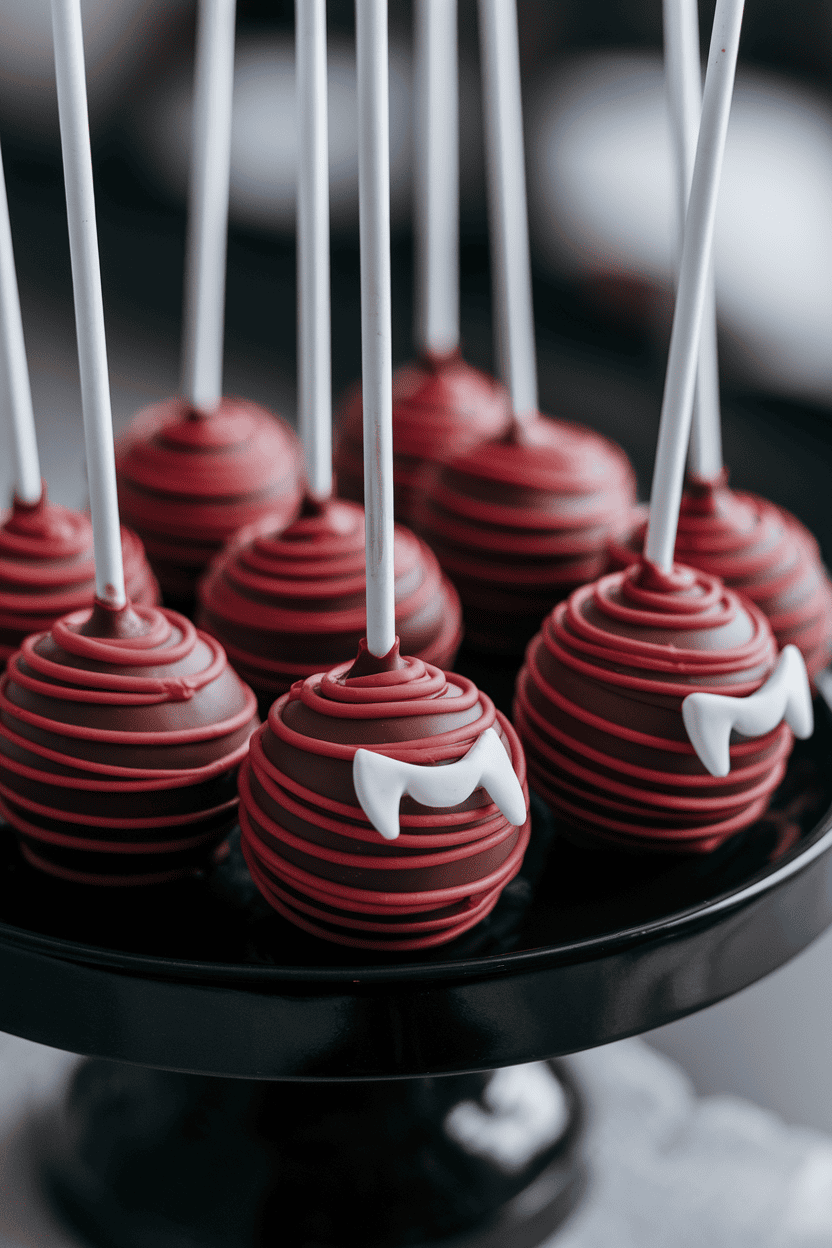 Chocolate cake pops coated in red candy melts with two tiny white candy fangs poking out, staged indoors on a black plate; no logos or text. Photo.