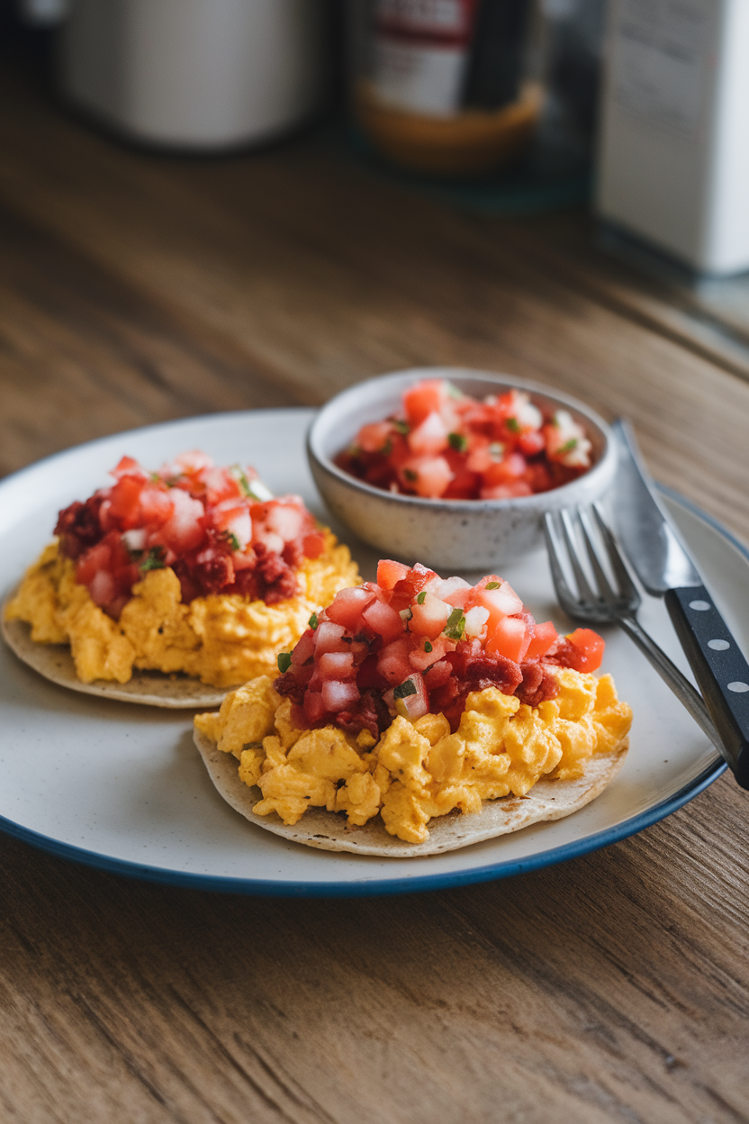 Indoor table scene of two small corn tortillas filled with scrambled eggs, crumbled chorizo, and pico de gallo. No text or logos.