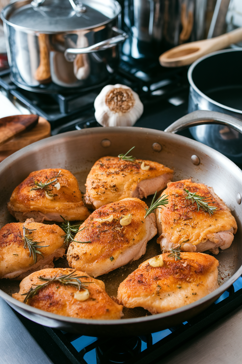 Indoor kitchen island featuring fried chicken breasts flecked with minced rosemary and garlic, whole roasted garlic bulb nearby, photo only, no text or logos