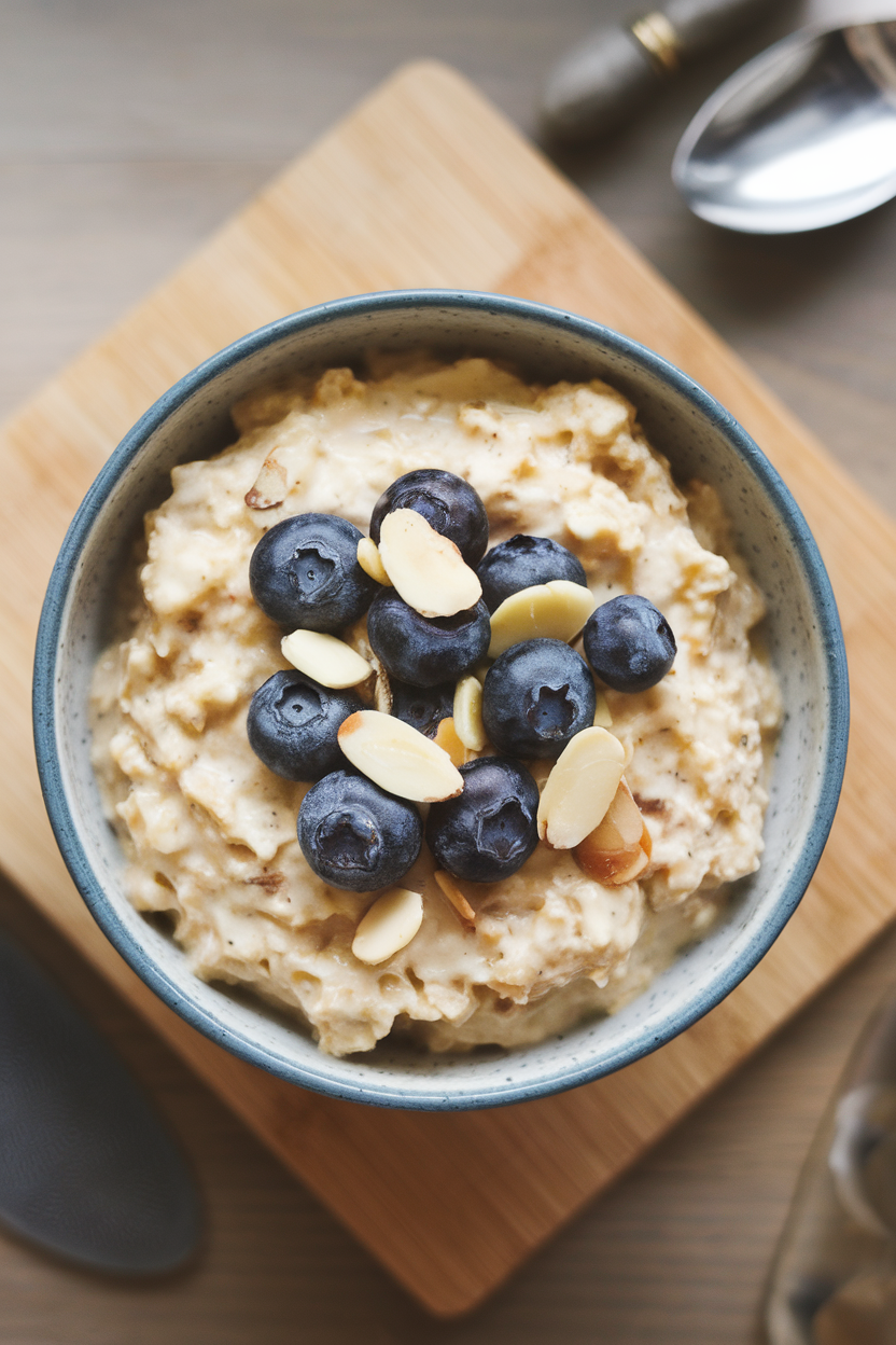An indoor cereal bowl containing creamy cauliflower “oats” topped with sliced almonds and blueberries, photographed from overhead. No text or logos in frame.