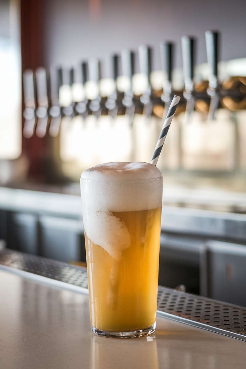 An indoor bar scene with a tall Collins glass filled with opaque white foam overflowing slightly, striped paper straw inserted. No text or logos anywhere. Photo, not illustration.