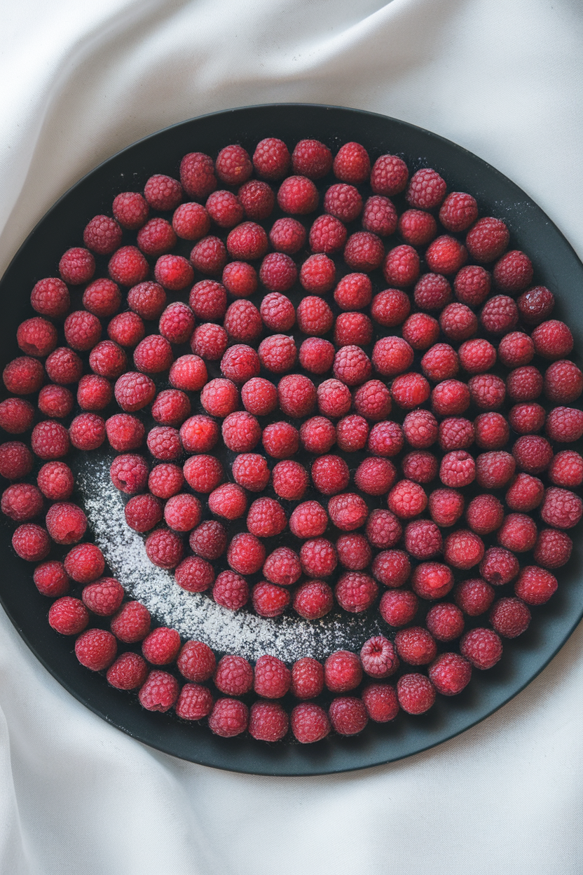 A matte black round plate indoors completely covered with raspberries arranged into a perfect circle, subtle powdered sugar crescent on one side. No text or logos.