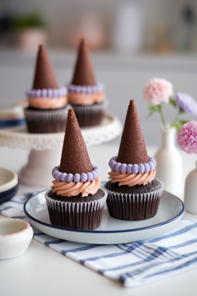 A kitchen table setting with chocolate cupcakes topped by sugar-cone “hats” coated in dark chocolate and ringed with purple frosting bands. Photo only, no text or logos.