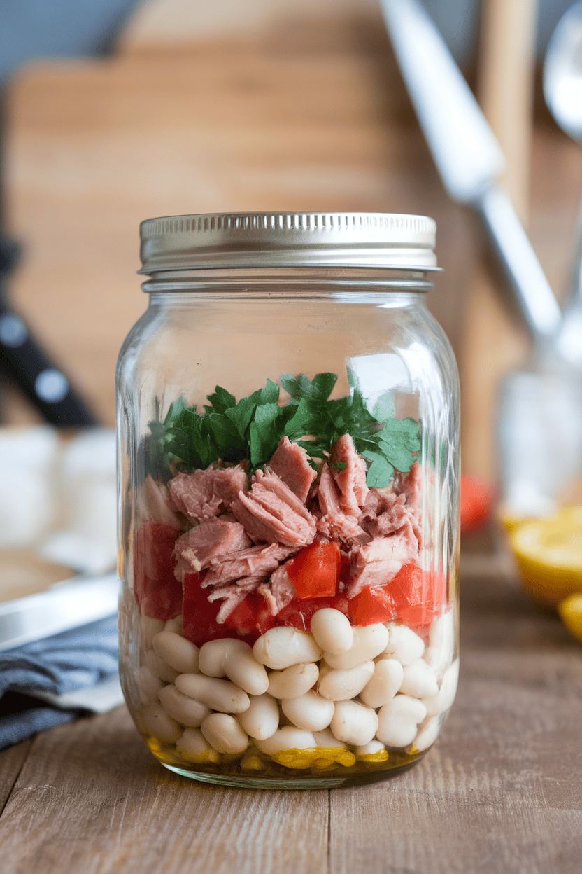 An indoor kitchen table showing a mason jar layered with cooked white beans, flaked tuna, diced tomatoes, parsley, and a drizzle of olive oil at the bottom. Photo only, no text or logos on the jar.