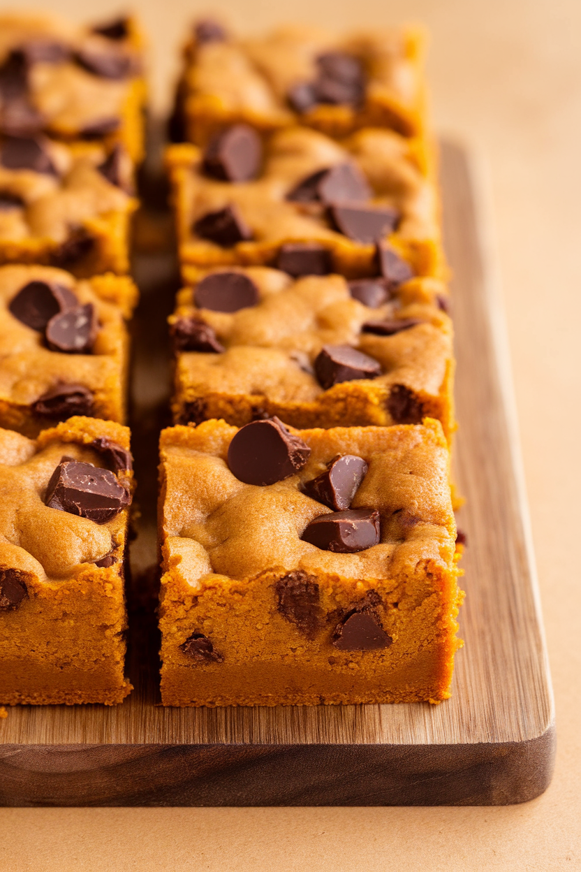 Indoor photo of pumpkin blondie squares with visible chocolate chunks, lined up on a wooden board. No text or logos.