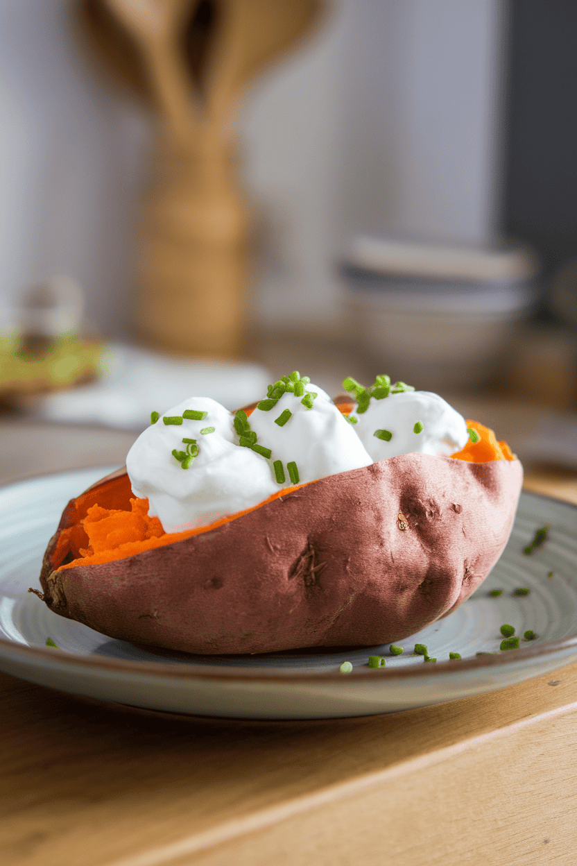 Indoor dinner plate showcasing a split baked sweet potato topped with dollops of plain Greek yogurt and chopped chives. Photo only, logo-free dishware.