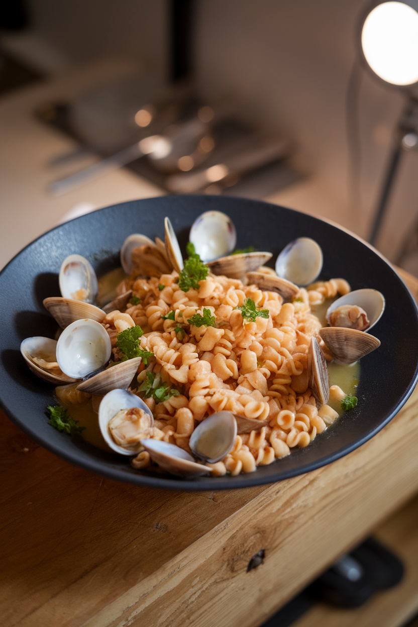 A deep plate indoors containing toasted fregola pasta mixed with opened clams and parsley in a light broth. No logos or text.