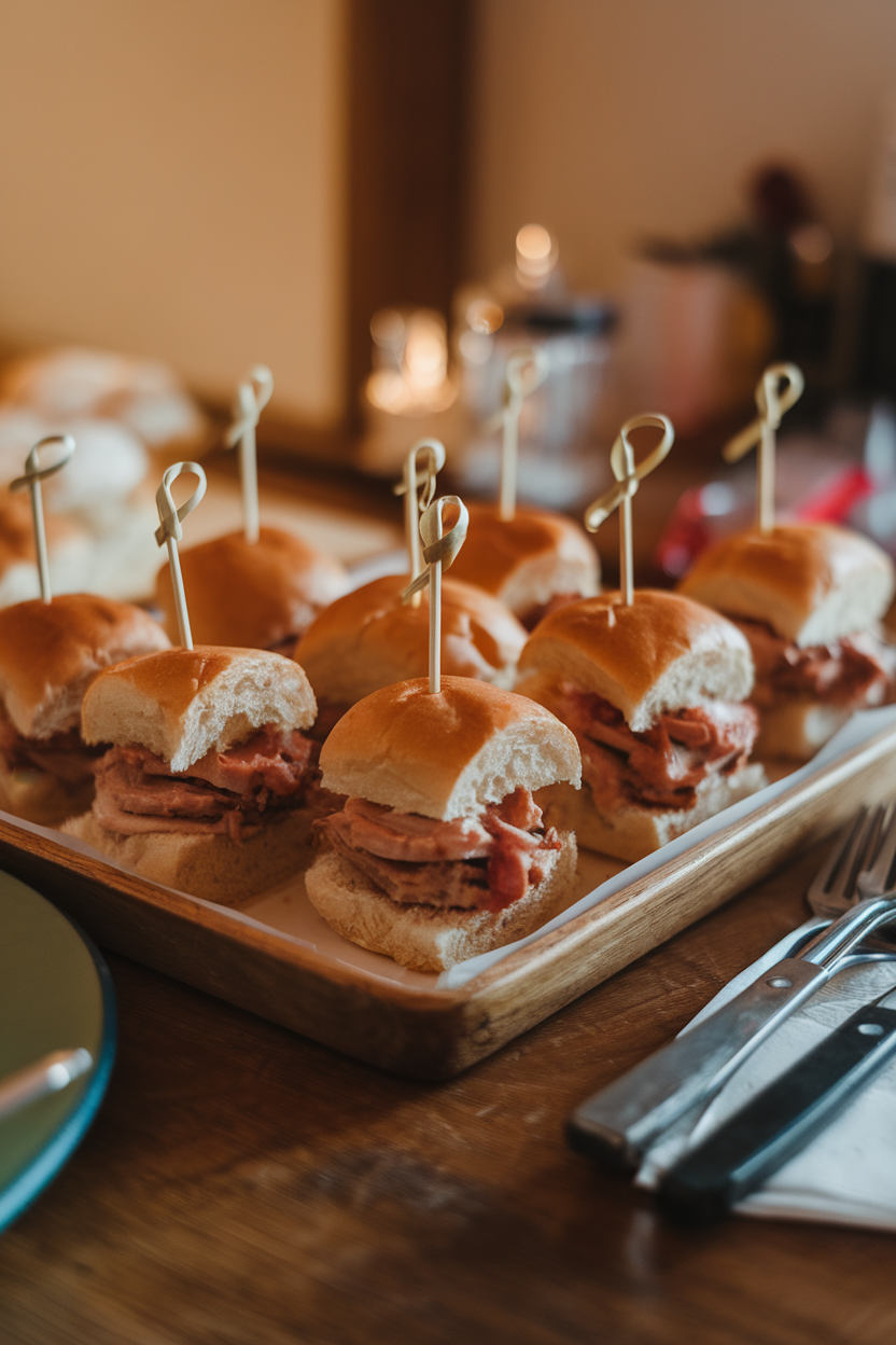 Warm indoor table with a tray of mini turkey sliders on sweet Hawaiian rolls, each skewered with a pick and a dollop of cranberry mayo visible. No text or logos. Photo only.