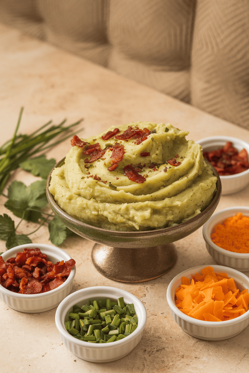 Indoor photo of mashed potatoes tinted green in a serving bowl, with bowls of toppings like bacon bits, chives, and cheddar arranged around. No text or logos.