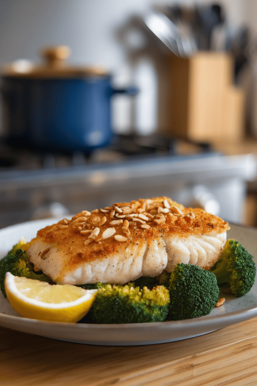 A plated indoor meal featuring a golden-brown almond-crusted tilapia fillet alongside steamed broccoli florets and a lemon wedge. No text or logos present. Photo, not illustration.
