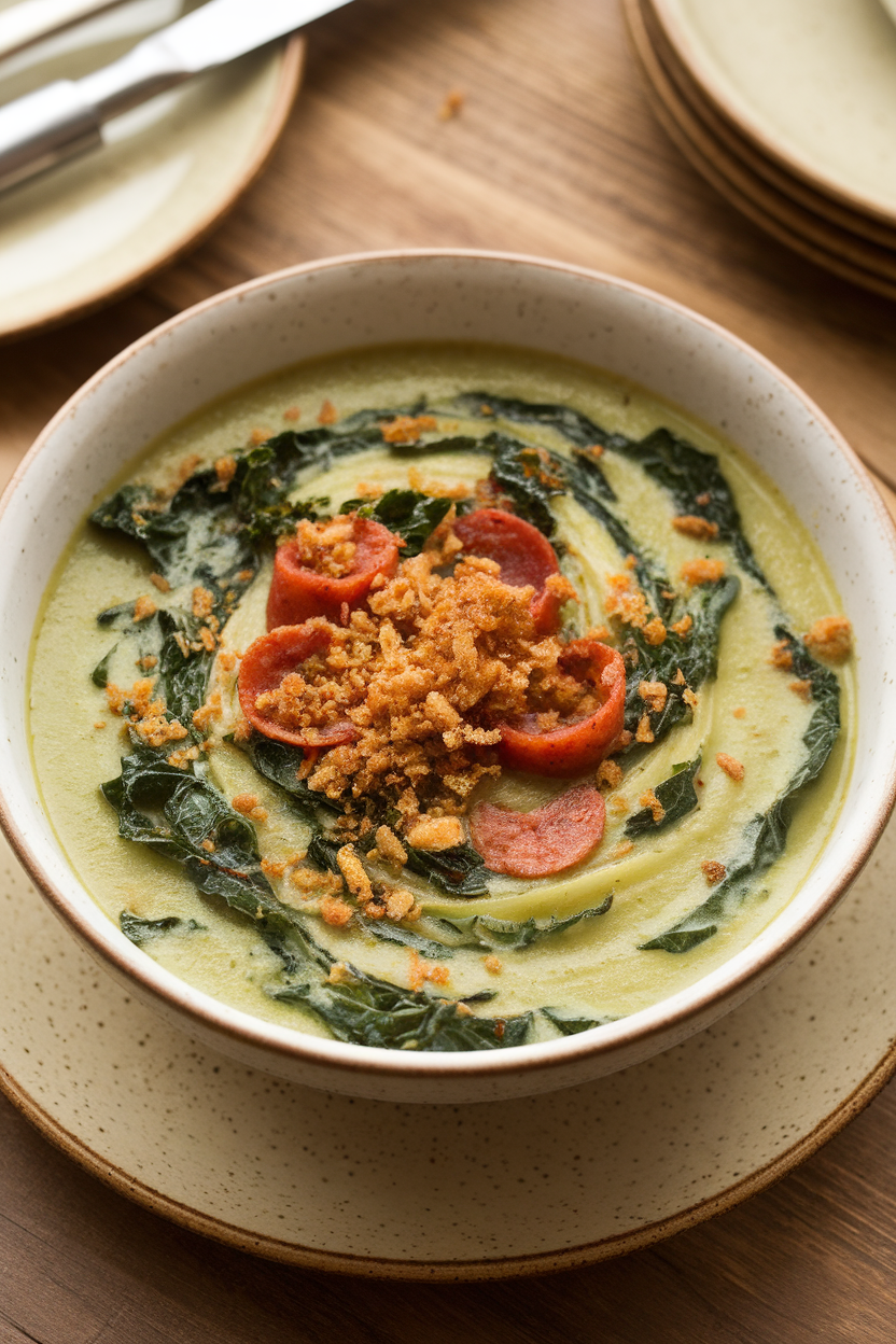 Indoor photo of a bowl of caldo verde—silky potato soup swirling with ribbons of kale and slices of chorizo. No logos or text.