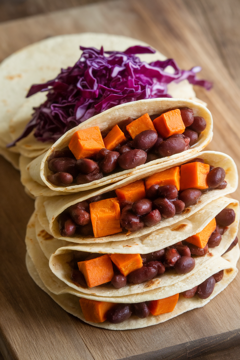 Indoor photo of soft corn tortillas filled with spiced black beans, roasted sweet potato cubes, and shredded red cabbage, arranged on a wooden board. No text or logos.