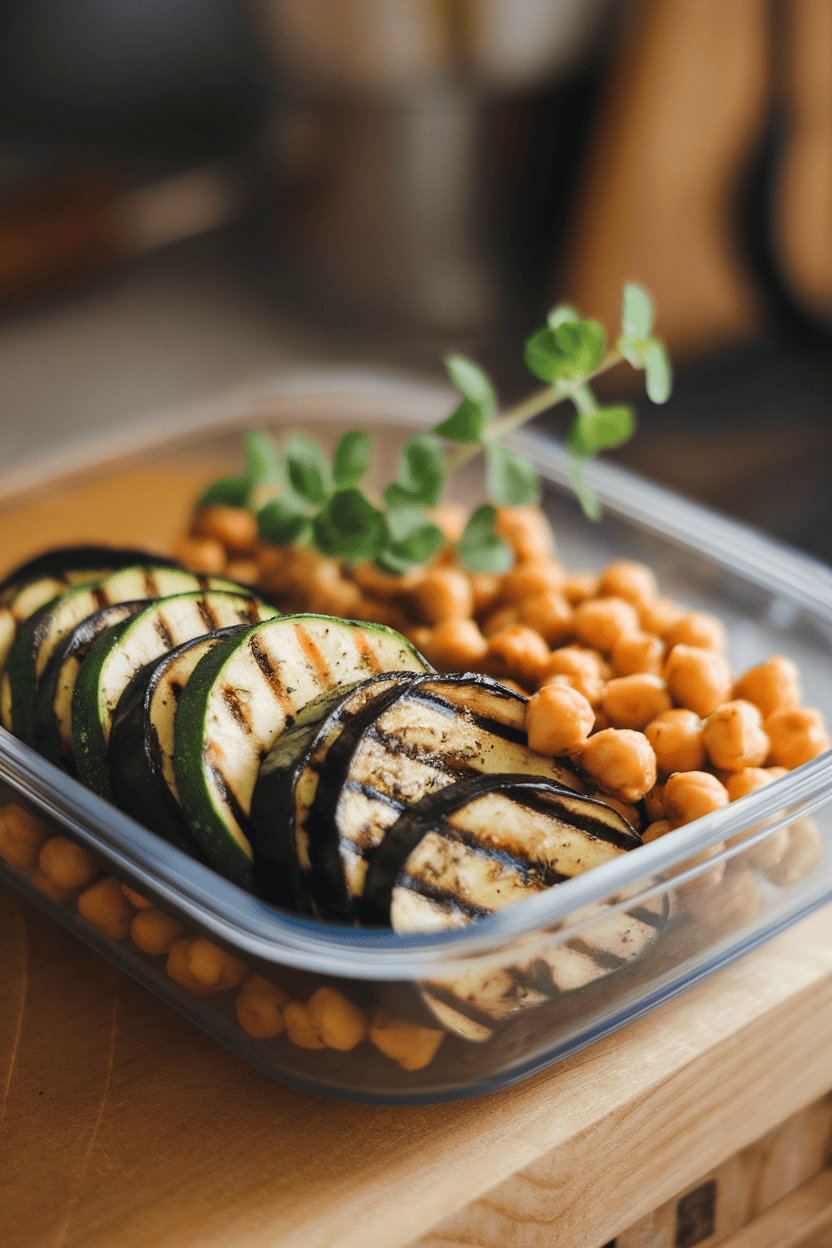 Photo of a meal-prep container holding grilled zucchini, eggplant slices, and chickpeas with oregano, indoor light, no text or logos.