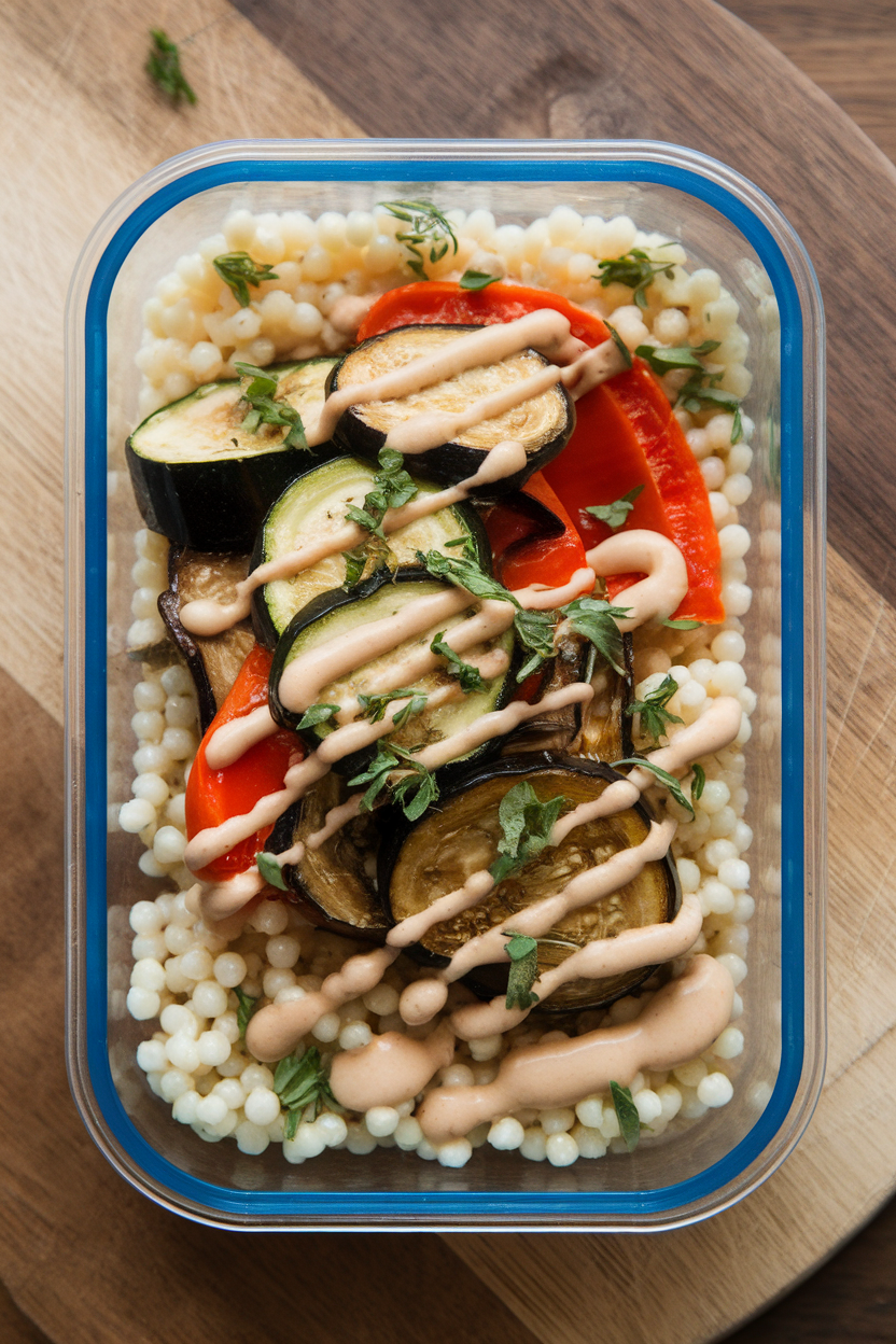 An indoor meal-prep container of pearl couscous topped with roasted zucchini, eggplant, and bell peppers, drizzled with tahini sauce. No text or logos; photo only.