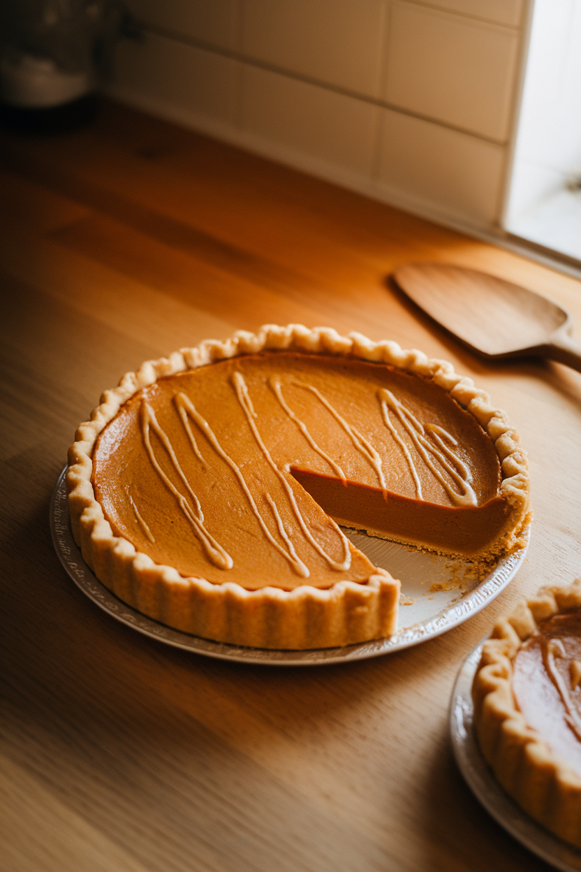 A warmly lit indoor kitchen counter featuring a classic pumpkin pie with one slice missing, golden crust fluted around the edges, a light drizzle of maple syrup glistening on the surface, and a wooden pie server nearby. No text or logos.