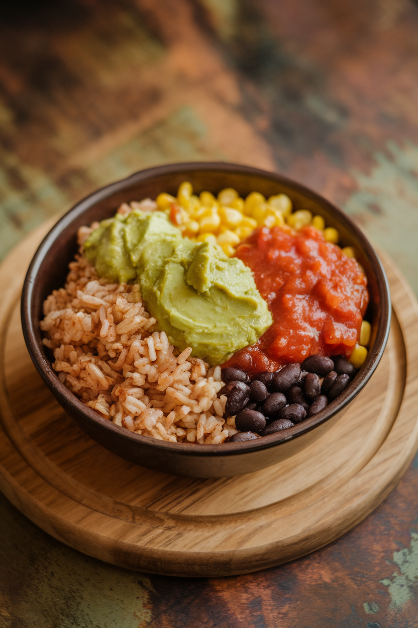 Indoor photo of a burrito bowl featuring brown rice, black beans, corn, salsa, and guacamole arranged in sections; no text or logos.