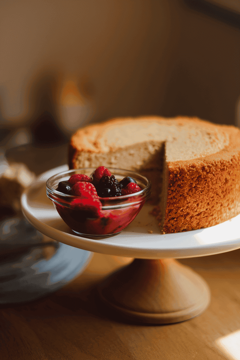A warmly lit indoor cake stand displaying a thick slice of pound cake beside a small bowl of mixed berry compote. No text or logos. Photo only.