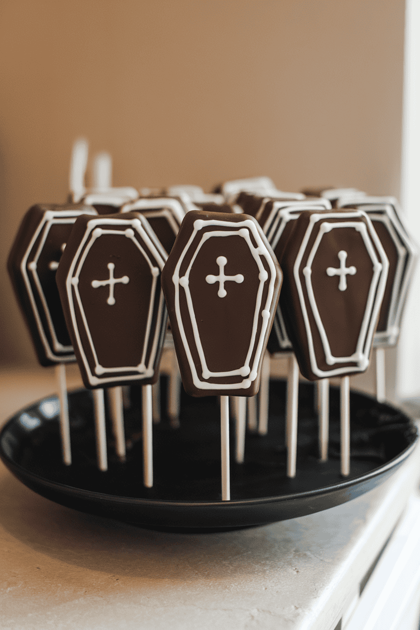 Dark chocolate coffin-shaped cake pops outlined with white icing, displayed on a black plate indoors; no logos or text. Photo.