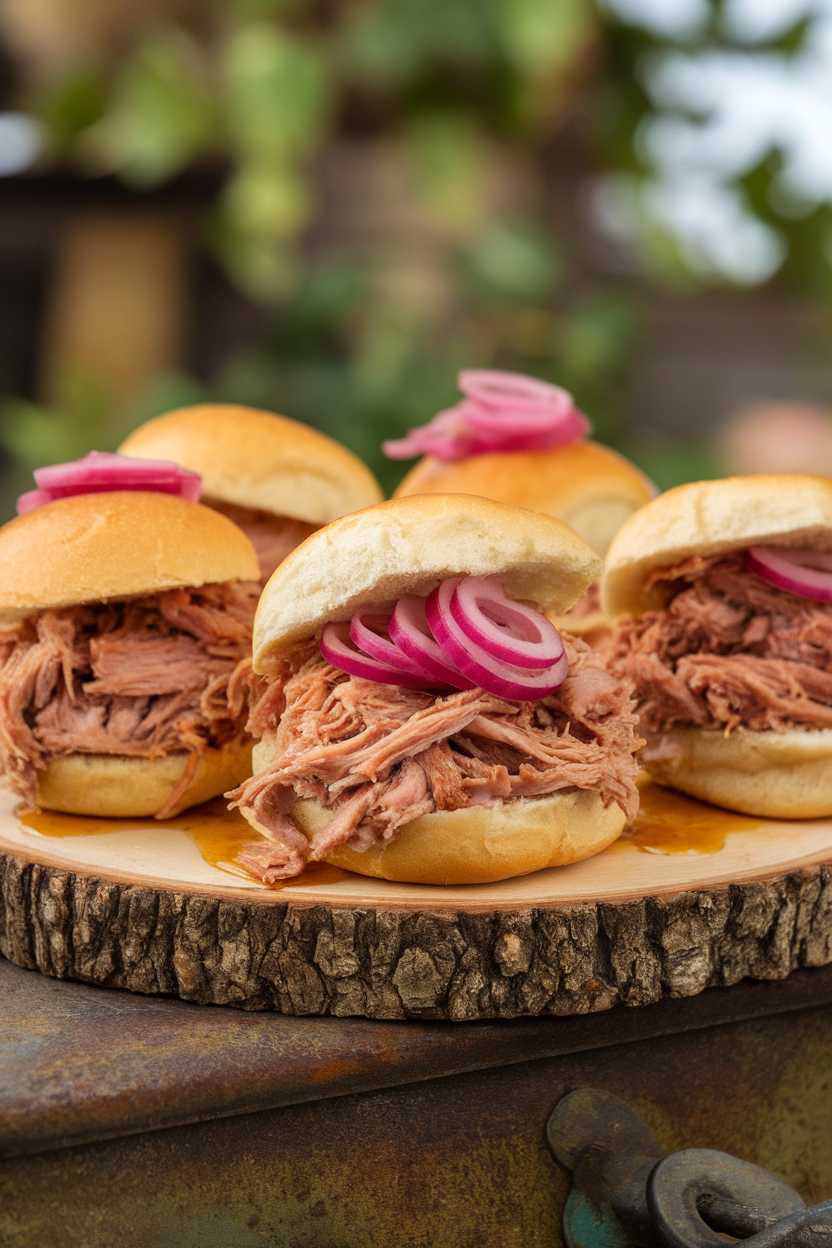 An indoor wooden board stacked with mini buns filled with tender pulled pork drizzled in apple cider reduction, pickled onion garnish. No text or logos. Photo, not illustration.