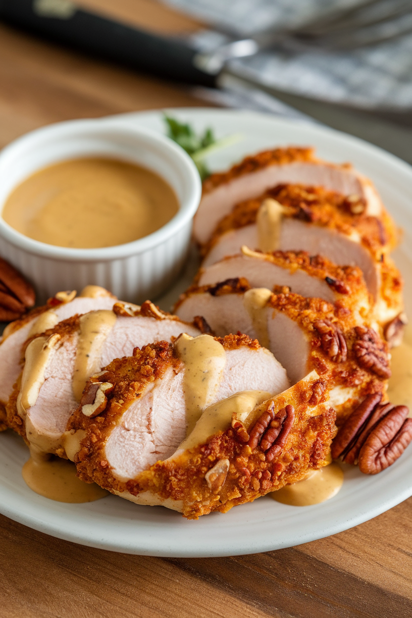 Indoor table featuring sliced pecan-crusted chicken breasts drizzled with honey mustard sauce, no text or logos. Photo.