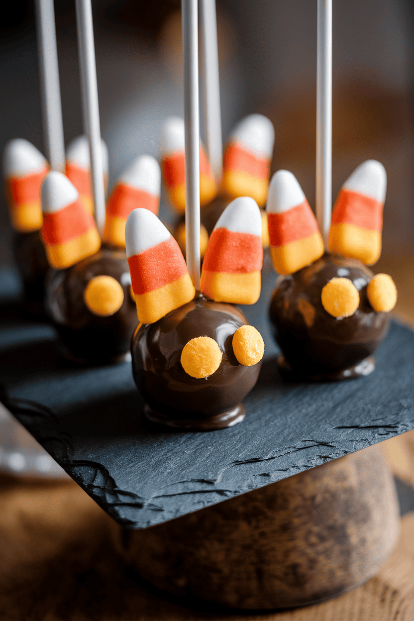 An indoor scene with glossy black cake pops sporting candy corn ears and yellow sprinkle eyes on a slate plate; softly lit, no logos or text. Photo.