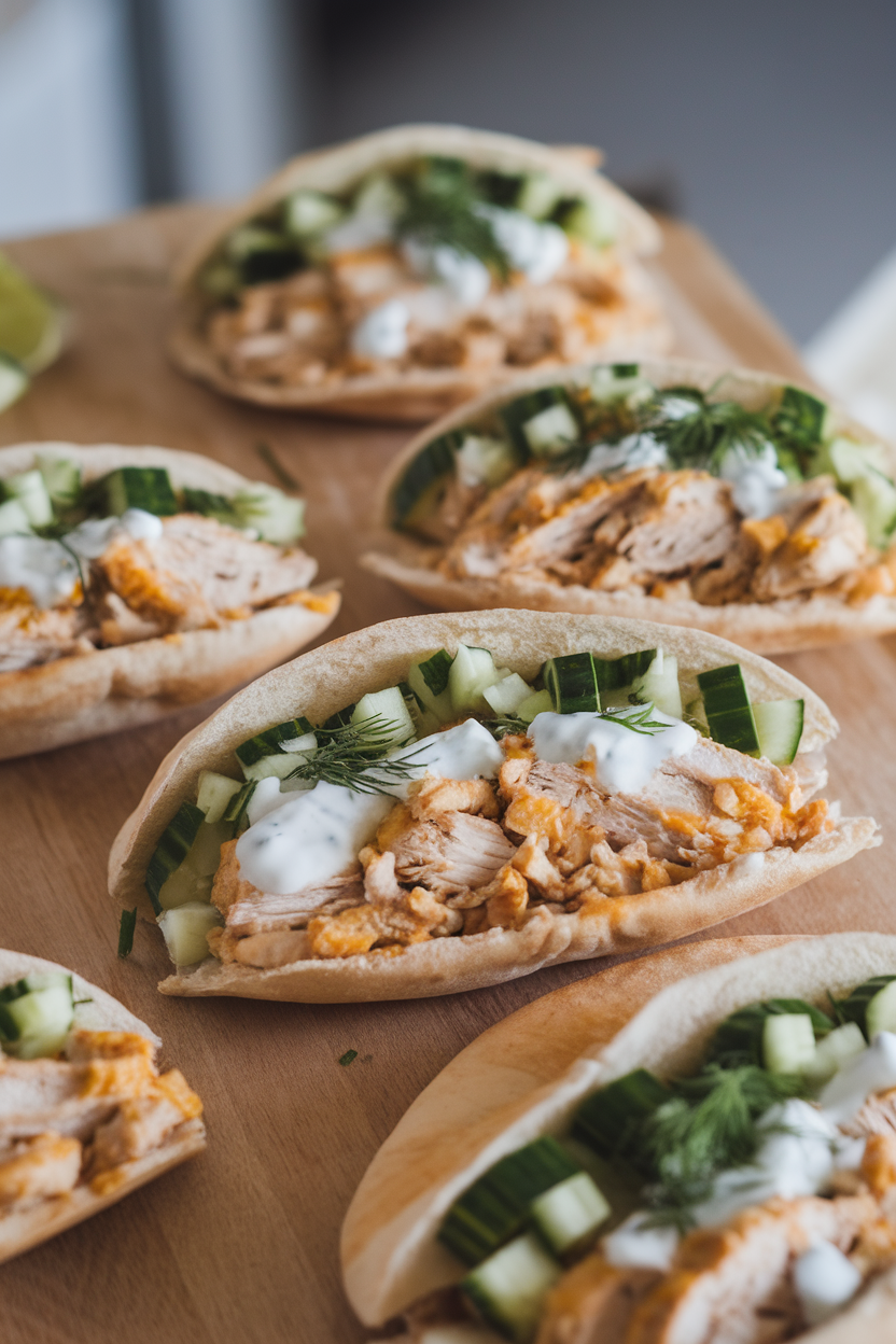Indoor board with stuffed pita halves holding lemon-dill chicken, chopped cucumber, and yogurt sauce. No logos, photo.