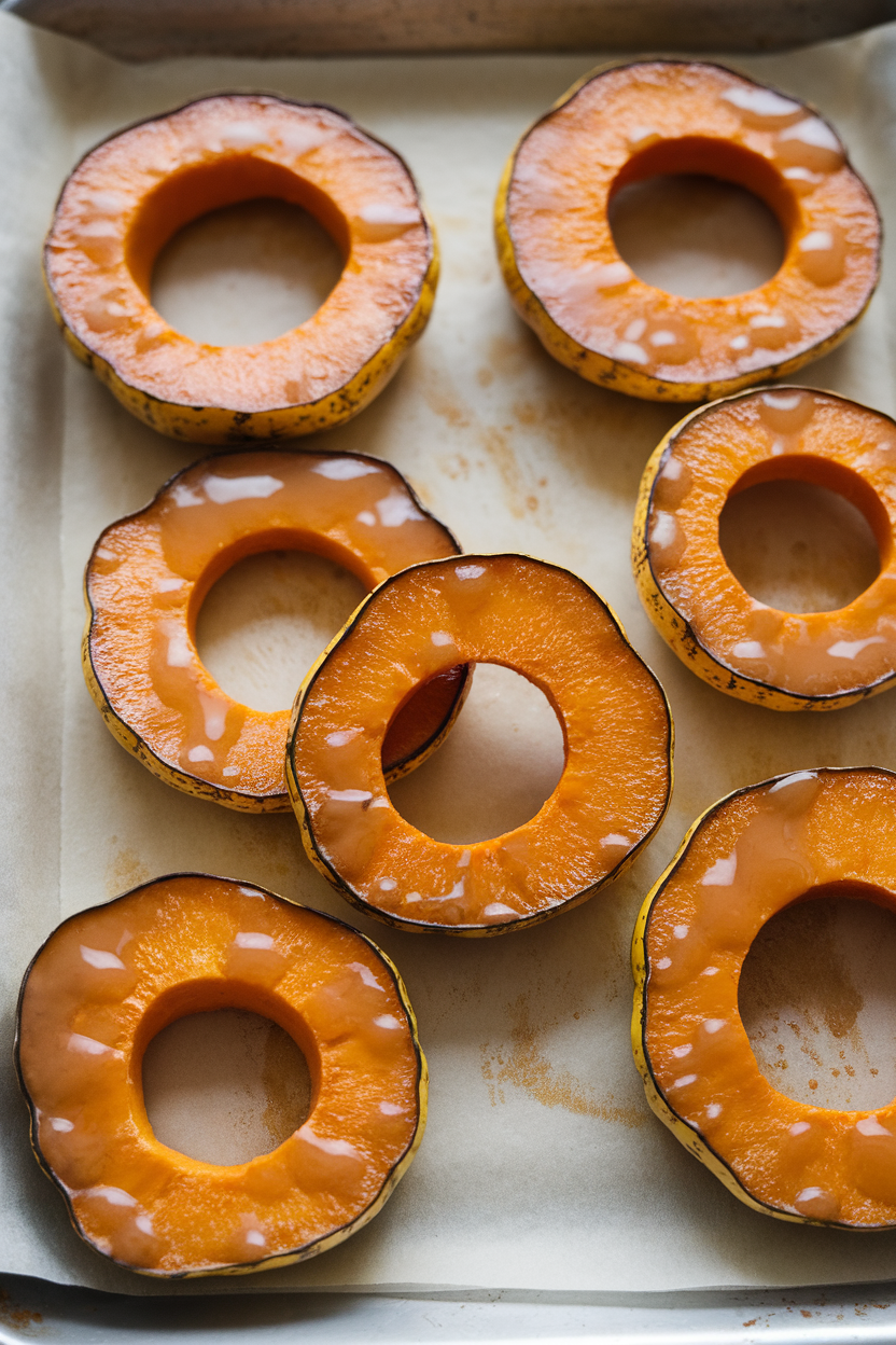 Ring slices of delicata squash brushed with glossy miso glaze on a parchment-lined indoor tray; no text or logos. Photo only.