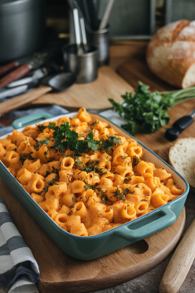 Photo of an indoor casserole dish containing creamy butternut squash pasta topped with parsley; no text or logos