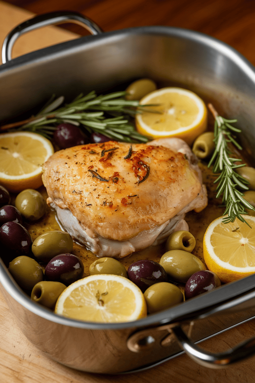 An indoor oven-to-table roasting pan holding golden chicken thighs nestled among green and black olives, lemon wedges, and rosemary sprigs. Captured three-quarters overhead under warm lighting, no text or logos. Photo, not illustration.