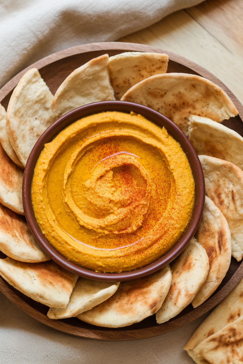 Indoor serving plate with a shallow bowl of pumpkin hummus drizzled in olive oil and sprinkled with paprika, pita wedges arranged around. Photo, no text or logos.