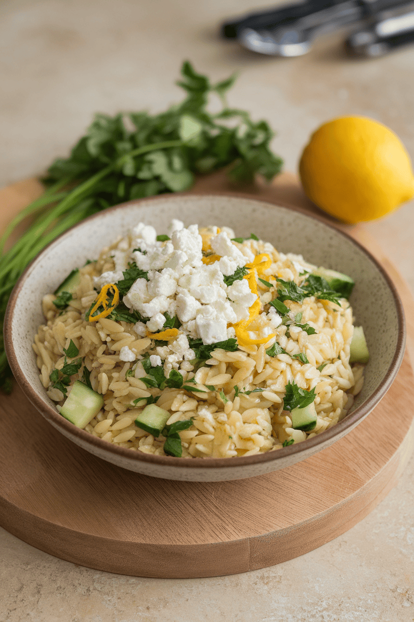 An indoor countertop with a shallow bowl of orzo pasta tossed with finely chopped parsley, diced cucumber, and lemon zest, garnished with crumbled feta. No text or logos; photo only.