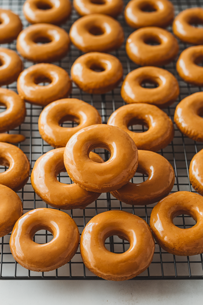 Indoor rack of round, hole-in-the-middle pumpkin cookies coated in shiny maple glaze, resembling miniature doughnuts. No logos or text. Photo only.