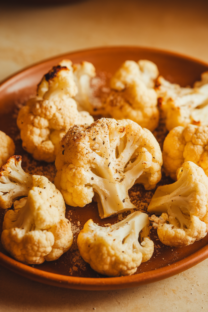 Indoor ceramic platter piled with roasted cauliflower florets dusted in grated Parmesan and black pepper, slightly charred edges visible. Photo, no text or logos.