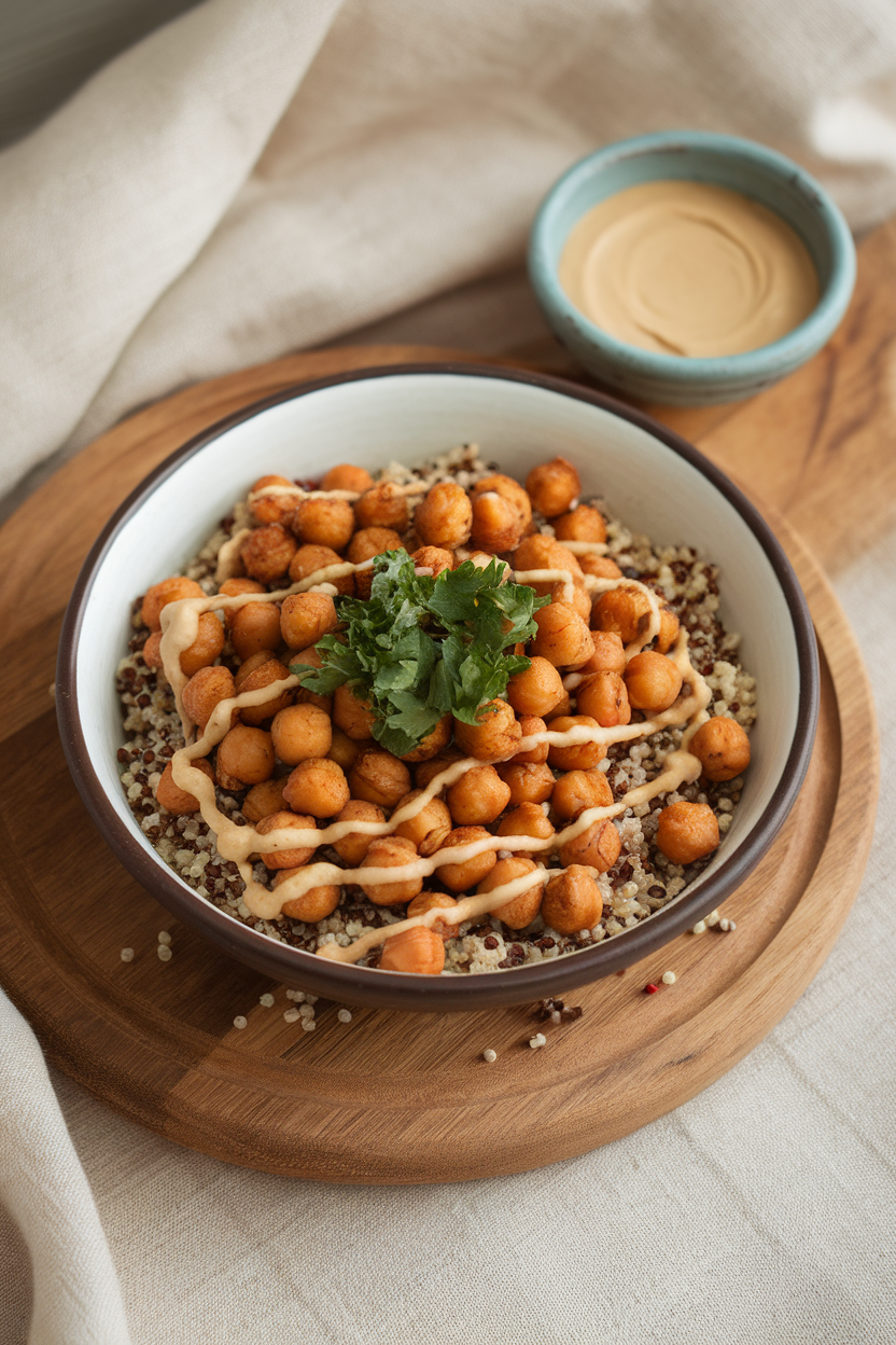 Indoor scene with spiced roasted chickpeas scattered over quinoa, topped with parsley and a drizzle of tahini sauce; no text or logos.
