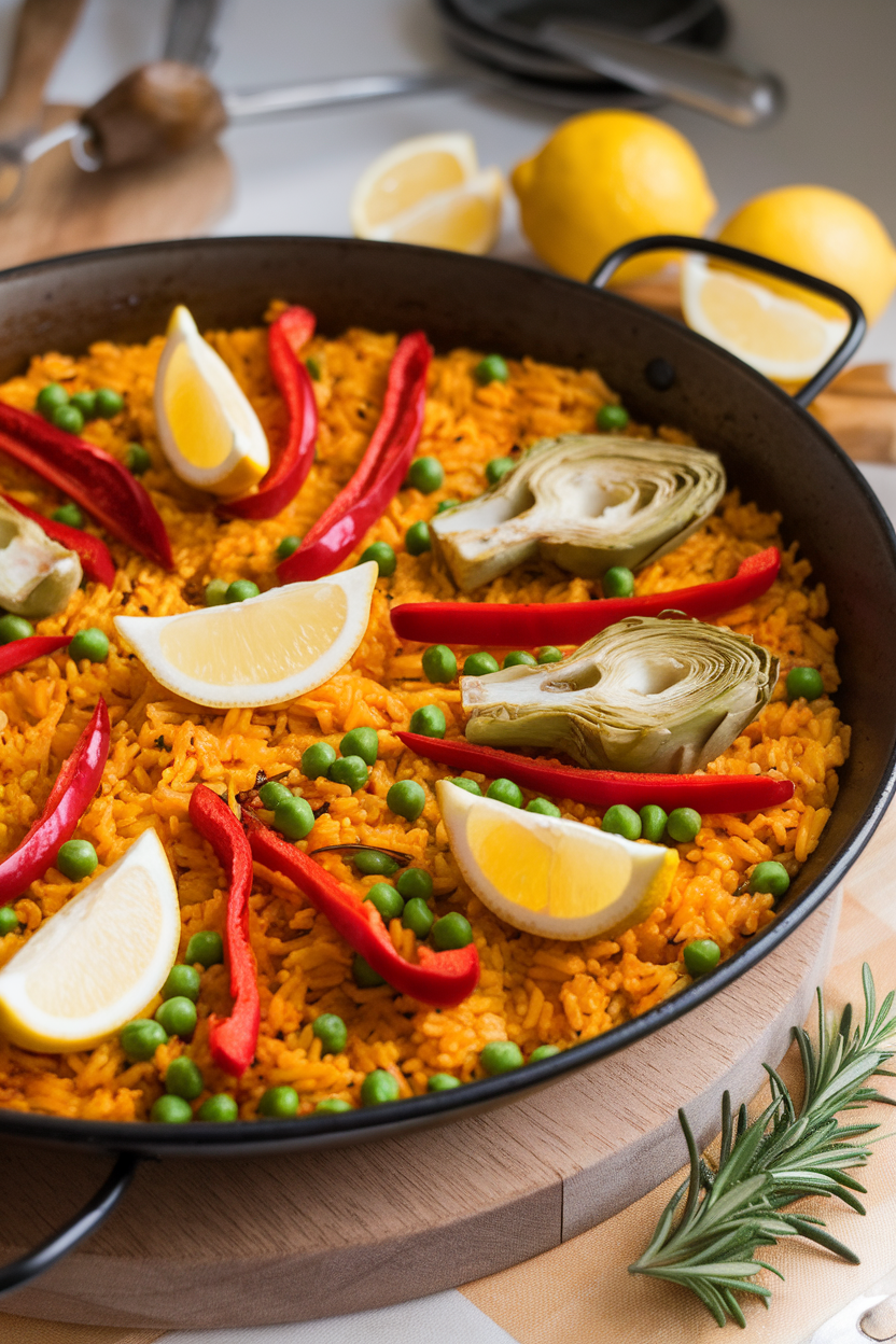 Indoor paella pan filled with saffron rice, red peppers, artichoke hearts, peas, and lemon wedges. No text or logos.