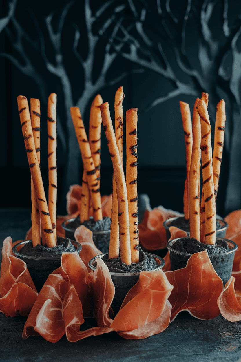 Indoor photo of thin charred breadsticks standing upright in cups of black sesame hummus, surrounded by prosciutto “leaves” to mimic a spooky forest scene. No text or logos.