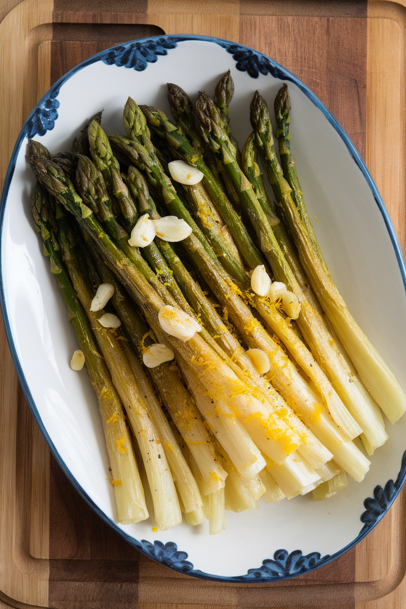 An indoor serving platter of roasted asparagus spears topped with lemon zest and garlic chips, no text or logos. Photo.</Prompt