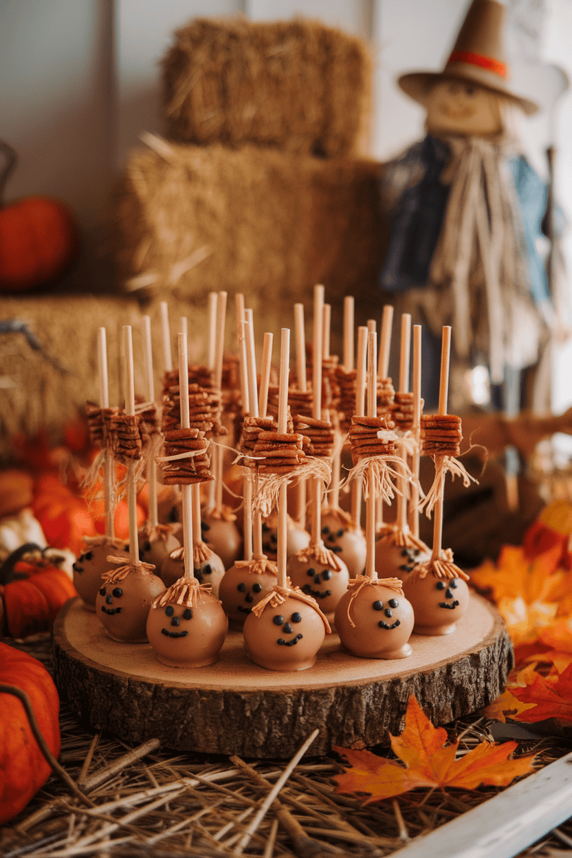 Tawny maple-coated cake pops with pecan “straw” pieces sticking out, tiny drawn scarecrow faces, indoor harvest backdrop; no text or logos. Photo.