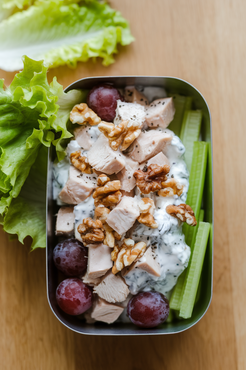 An indoor lunch container of diced chicken breast mixed with Greek yogurt, celery, grapes, and walnuts, lettuce leaves nearby. No text or logos; photo only.