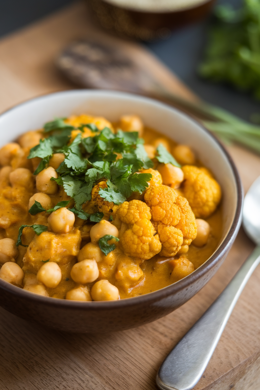 Indoor photo of a bowl of golden curried cauliflower and chickpea stew topped with cilantro; no text or logos visible.