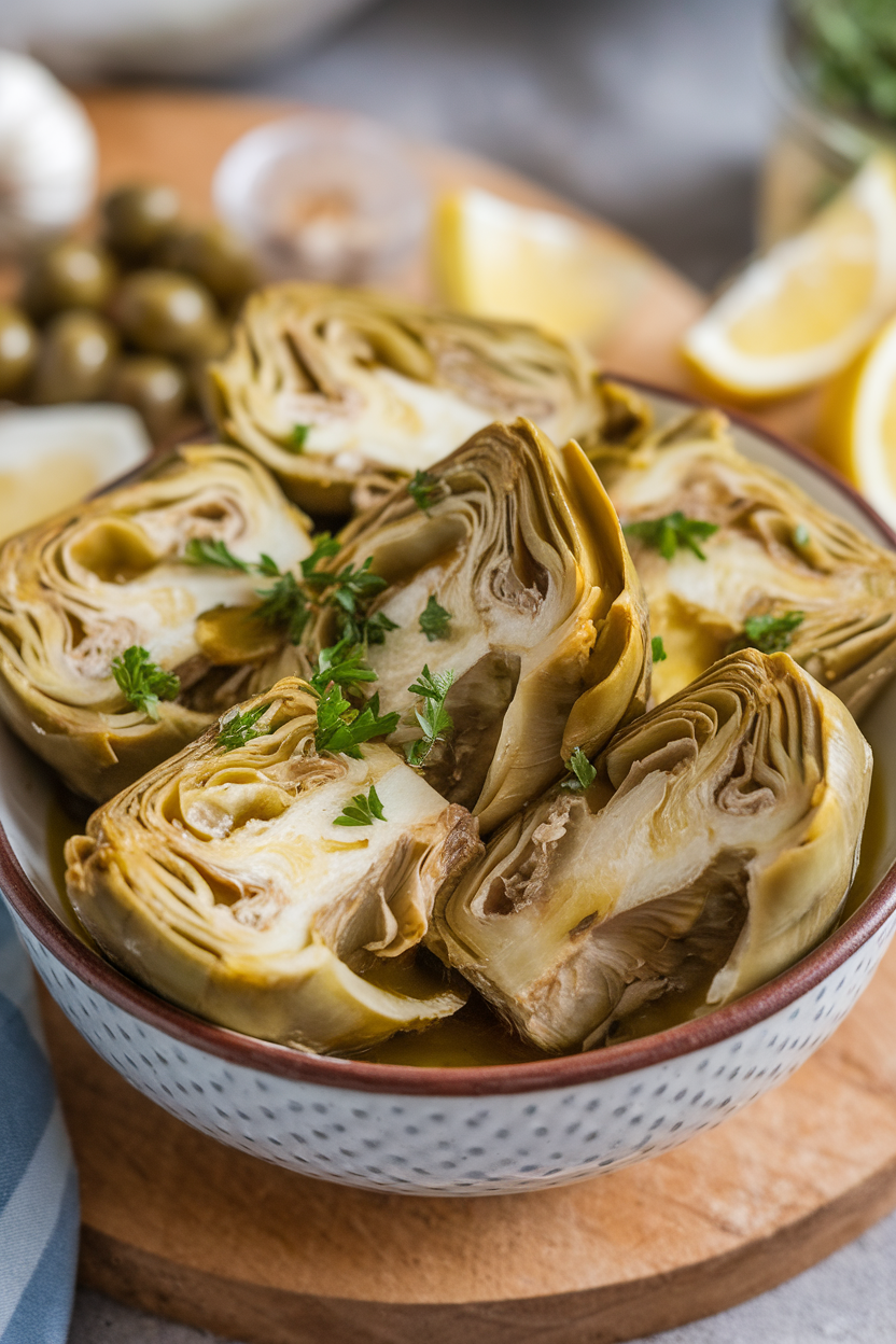 An indoor bowl of quartered artichoke hearts marinated in olive oil, garlic, and parsley. No text or logos. Photo, not illustration.