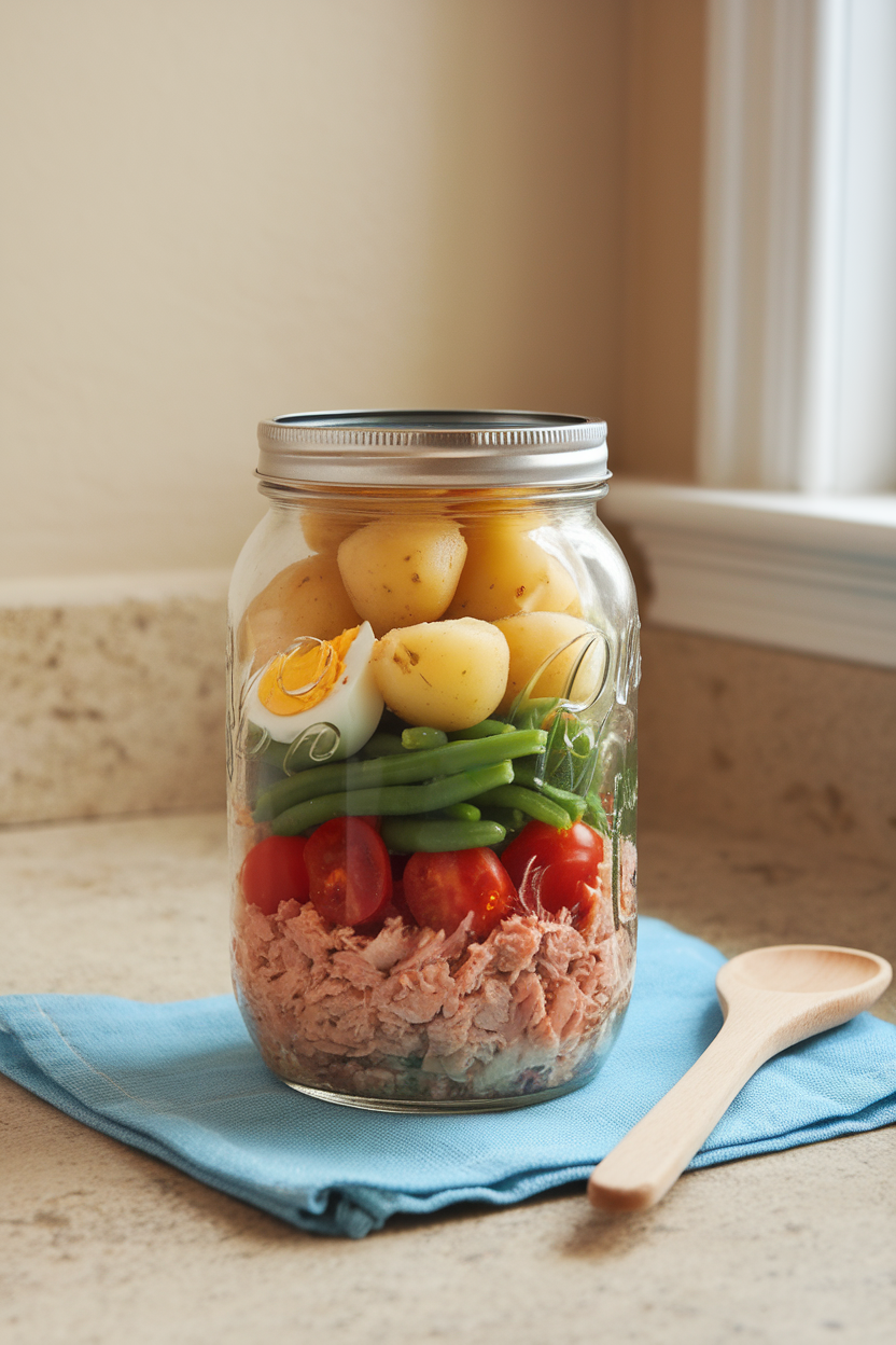 An indoor kitchen counter photo of a clear mason jar layered with cooked new potatoes, green beans, cherry tomatoes, canned tuna, and a hard-boiled egg, no text or logos.