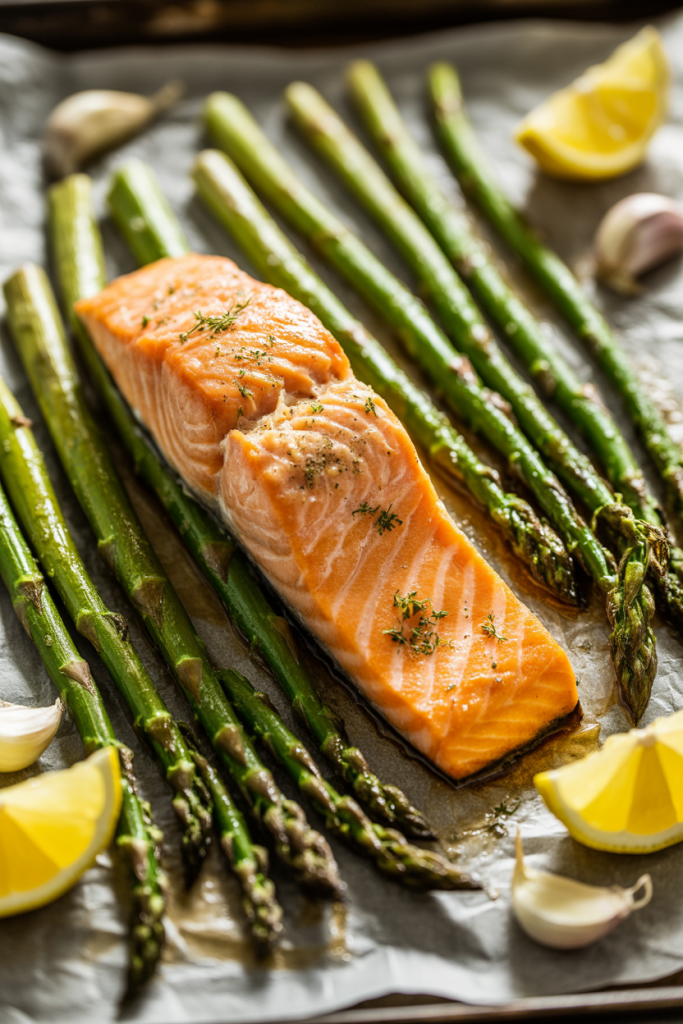 One Pan Lemon Garlic Baked Salmon and Asparagus