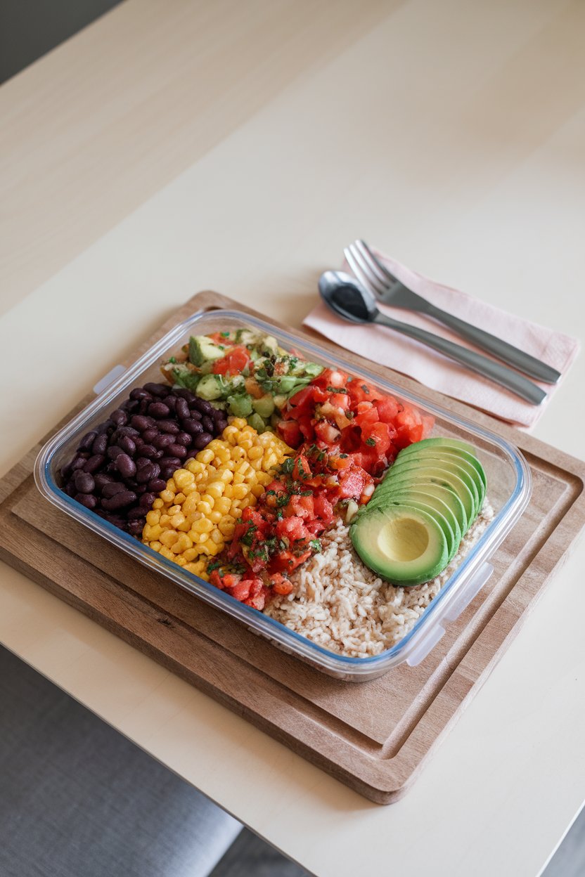 An indoor dining table with a meal-prep container of black beans, roasted corn, brown rice, salsa, and sliced avocado arranged in neat rows. No text or logos; photo only.